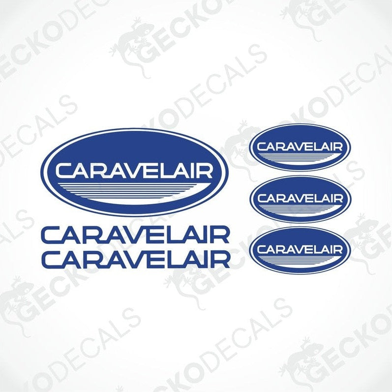 Set of various sized oval stickers and text decals for a caravan, all with the brand name 'CARAVELAIR' displayed.