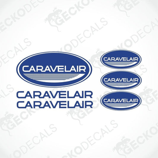 Set of various sized oval stickers and text decals for a caravan, all with the brand name 'CARAVELAIR' displayed.