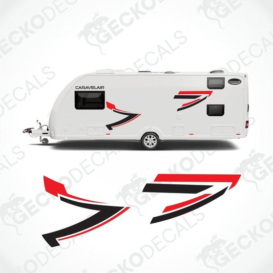 A set of decals for a CARAVELAIR caravan, featuring red and black designs, applied on the side of a white caravan.