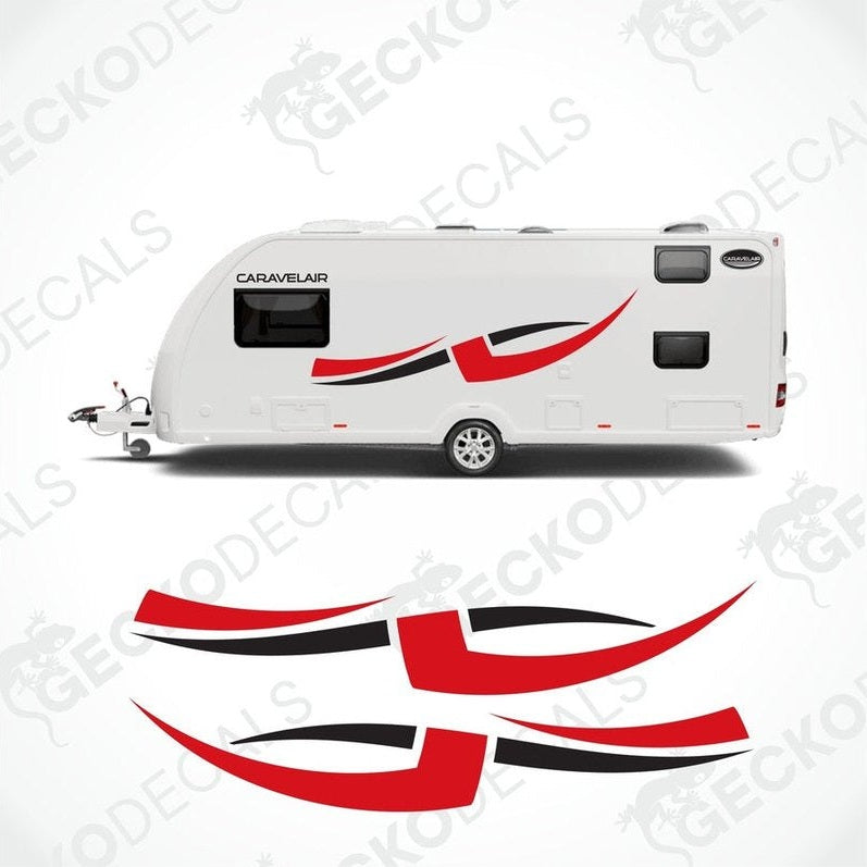 A set of vehicle decals for a caravan, including two side decals and two oval logos with the CARAVELAIR brand logo.