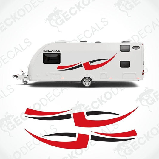 A set of vehicle decals for a caravan, including two side decals and two oval logos with the CARAVELAIR brand logo.
