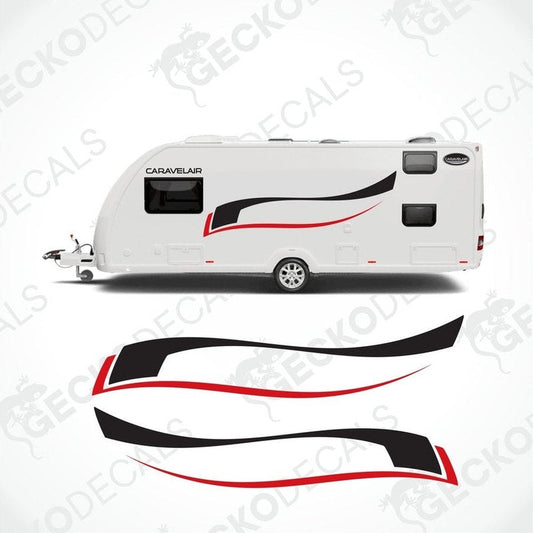 A white caravelair caravan with black and red decals, accompanied by two sets of die cut stickers with the CARAVELAIR brand logo and text.
