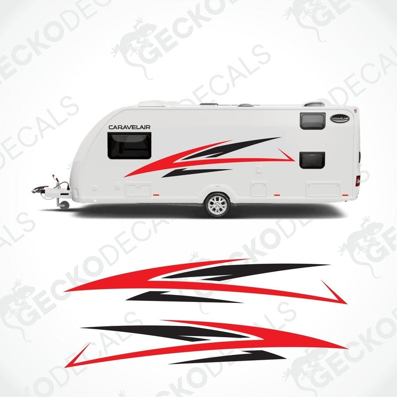 Red and black CARAVELAIR vinyl sticker kit applied to white caravan exterior side panels