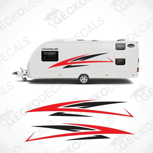 Red and black CARAVELAIR vinyl sticker kit applied to white caravan exterior side panels