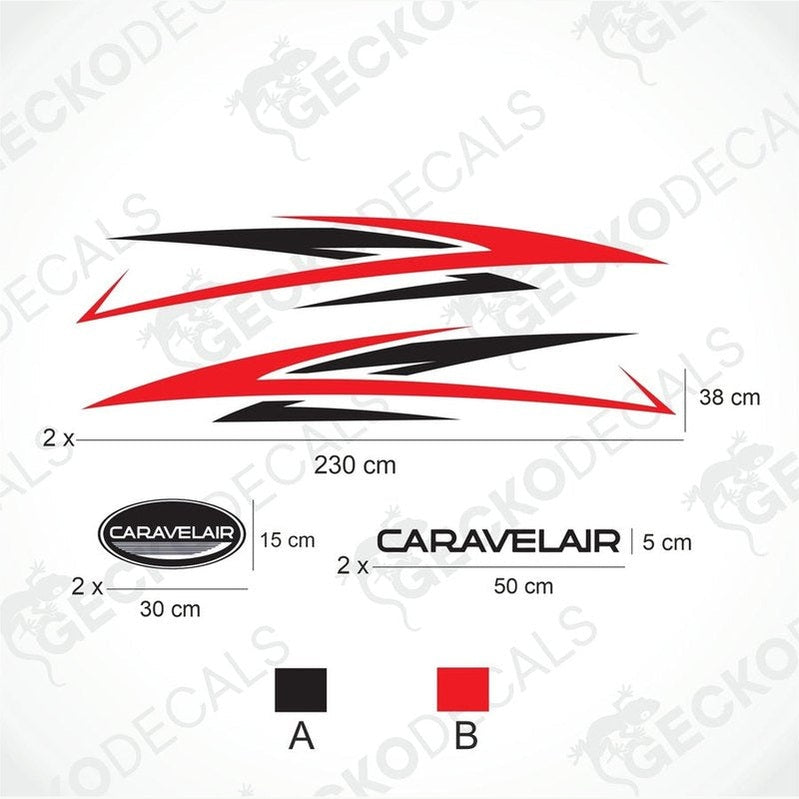 CARAVELAIR caravan decal set diagram with red and black side stripes, oval logos and text stickers