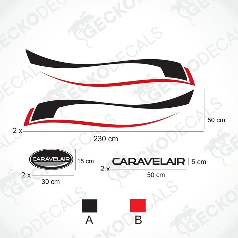 A white caravelair caravan with black and red decals, accompanied by two sets of die cut stickers with the CARAVELAIR brand logo and text.