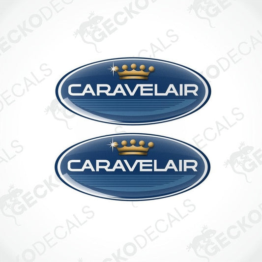 Two blue vinyl stickers with the Caravelair brand logo and a crown design.