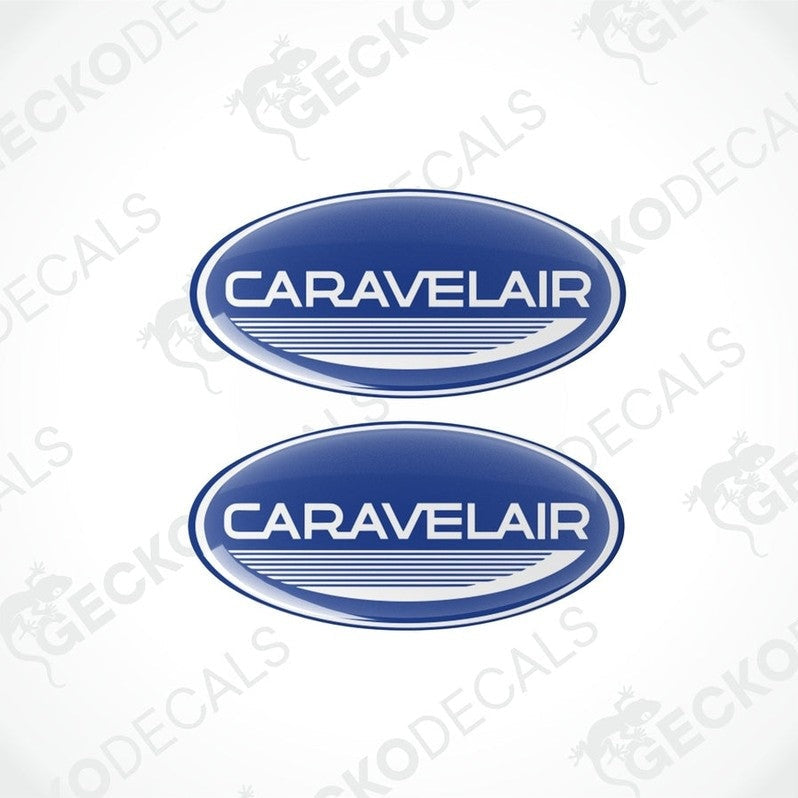 Two blue vinyl stickers with the Caravelair brand logo in white.
