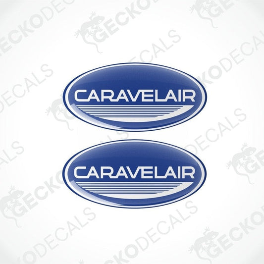 Two blue vinyl stickers with the Caravelair brand logo in white.