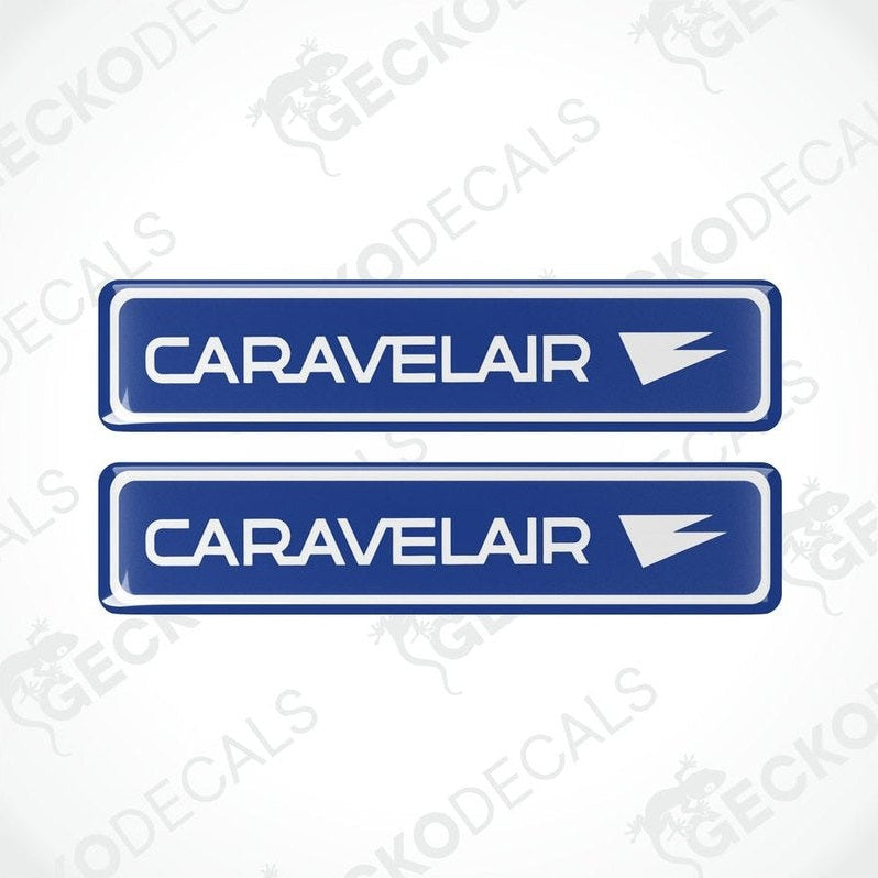 Two blue vinyl stickers with the word 'CARAVELAIR' written on them