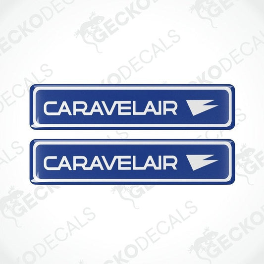 Two blue vinyl stickers with the word 'CARAVELAIR' written on them
