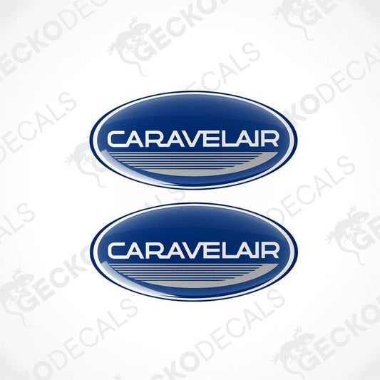 Blue CaravelAir epoxy resin dome decals with white border and wave design