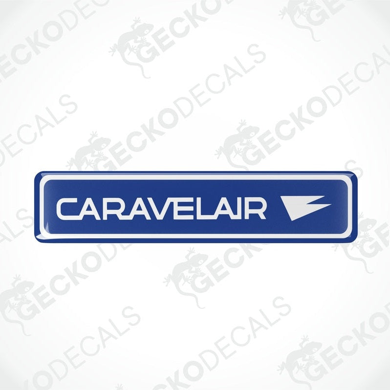 Two blue vinyl stickers with the word 'CARAVELAIR' written on them,