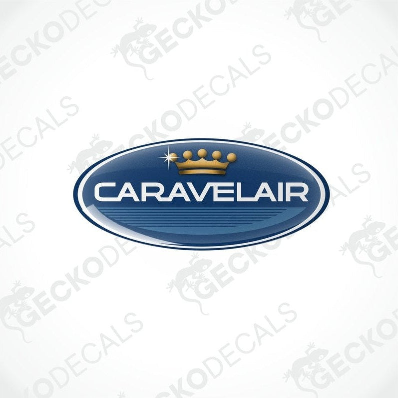 Two blue vinyl stickers with the Caravelair brand logo and a crown design.