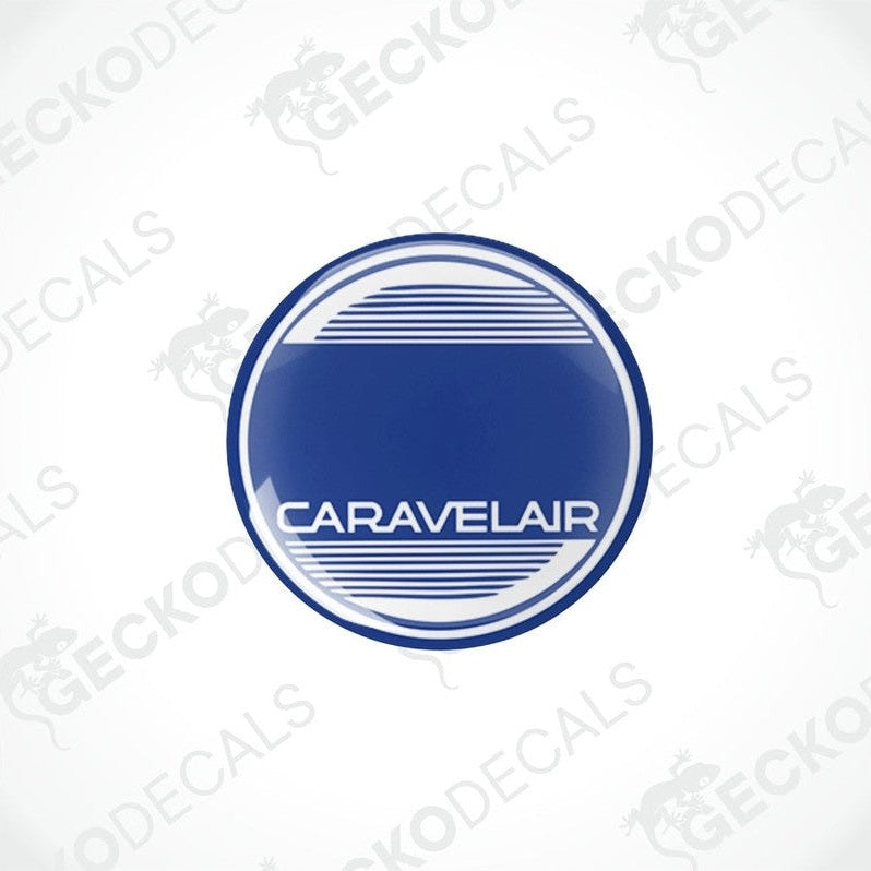 Blue CARAVELAIR epoxy resin decal with domed polyurethane coating and white border
