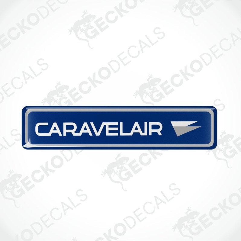 Two blue vinyl decals with the word 'CARAVELAIR' written in white and a red arrow symbol.