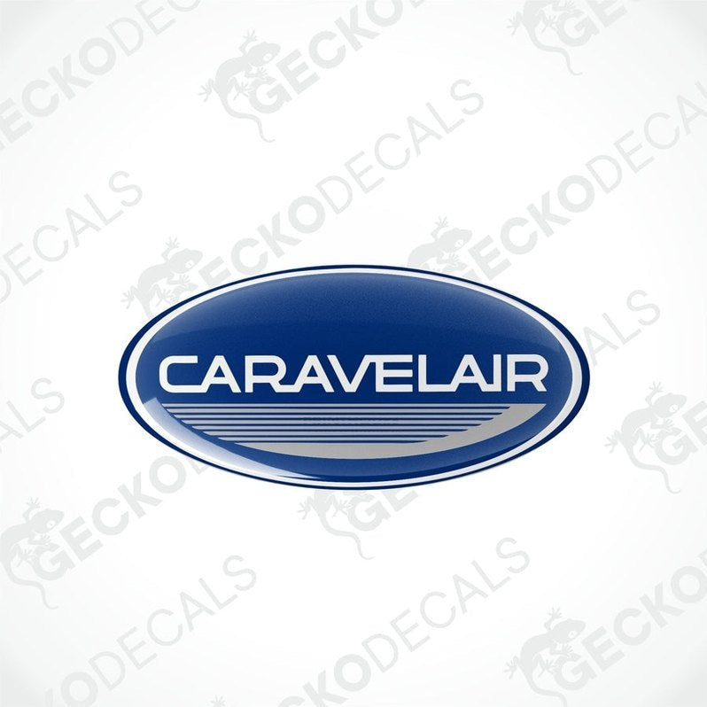 Close-up of glossy blue CaravelAir vinyl decal with domed polyurethane finish