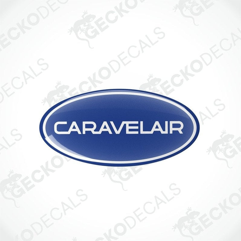 blue oval-shaped vinyl decals with the text 'CARAVELAIR' in white.