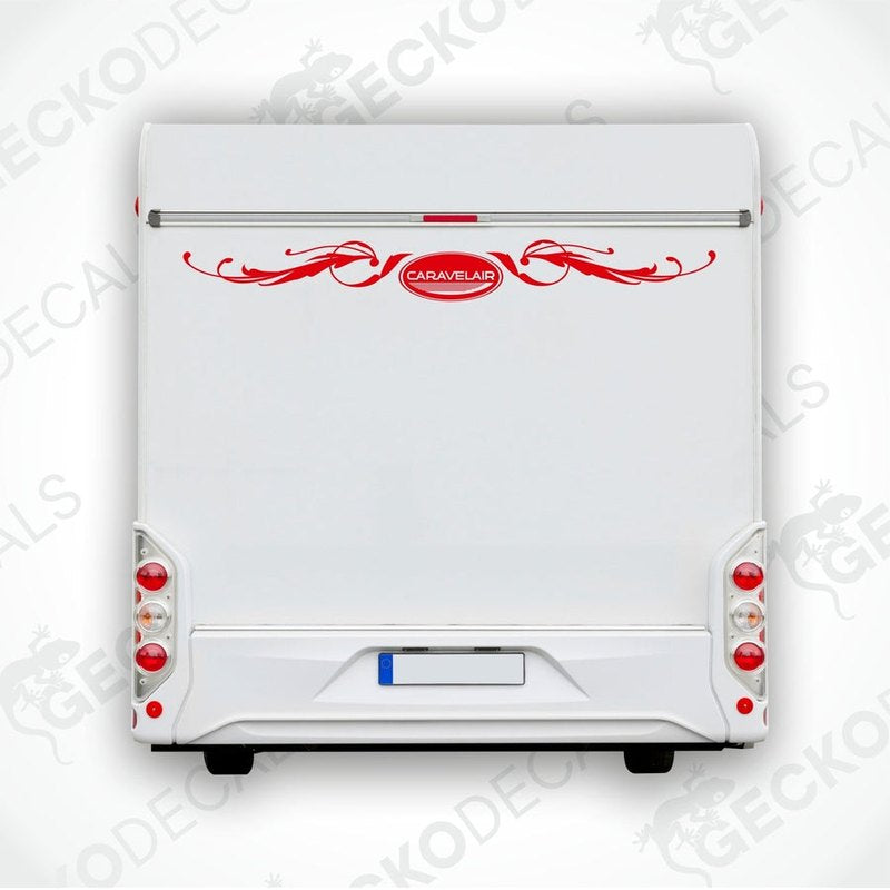 Rear decal of a white caravan with red and black detailing, featuring the brand name 'CARAVELAIR' prominently displayed.