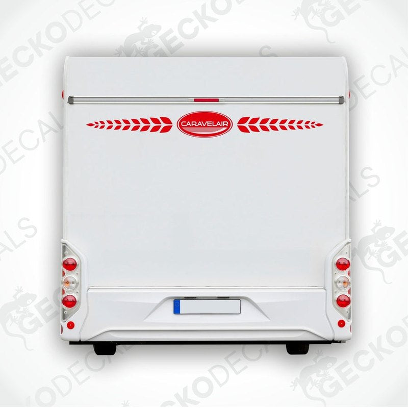 Rear decal of a white caravan with the brand name 'CARAVELAIR' in red and black.
