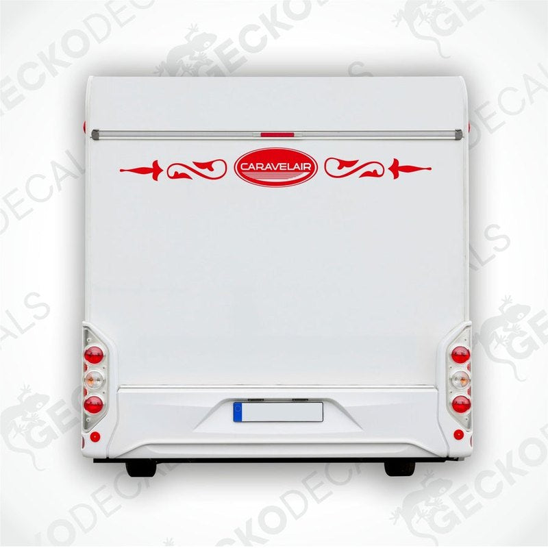 Rear decal of a white CARAVELAIR caravan with red and black detailing.
