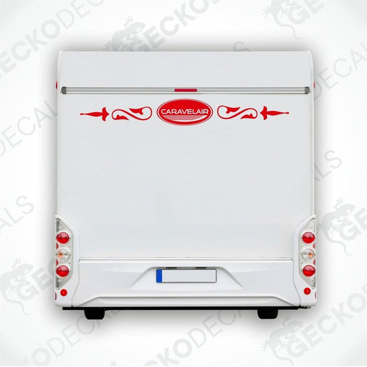 Rear decal of a white CARAVELAIR caravan with red and black detailing.