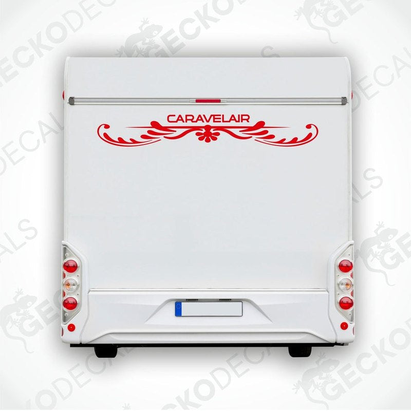 A white caravan rear with a red 'CARAVELAIR' brand decal.