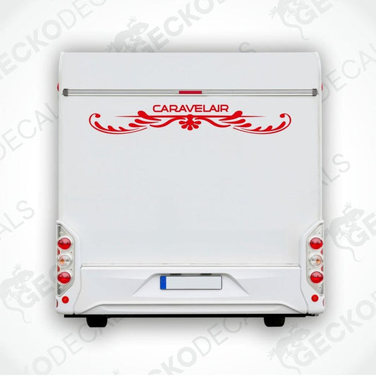 A white caravan rear with a red 'CARAVELAIR' brand decal.