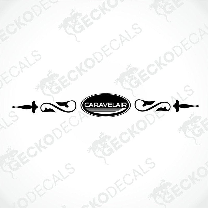 Rear decal of a white CARAVELAIR caravan with red and black detailing.