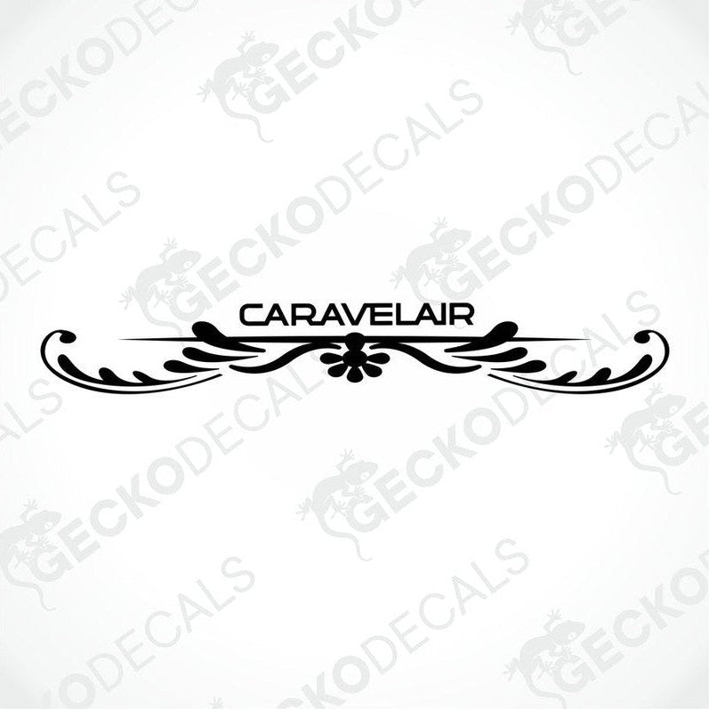 A white caravan rear with a red 'CARAVELAIR' brand decal.
