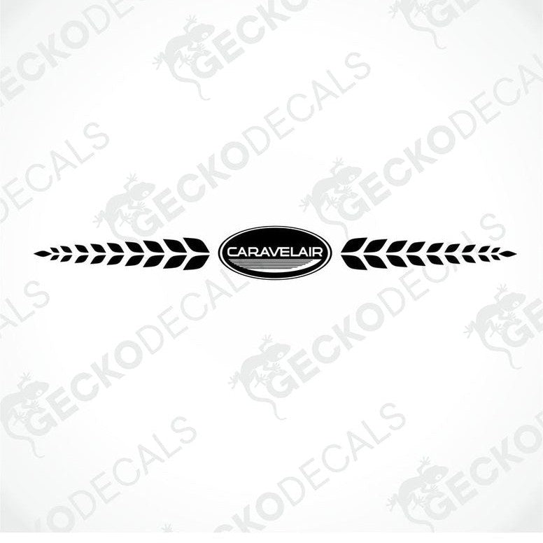 Rear decal of a white caravan with the brand name 'CARAVELAIR' in red and black.