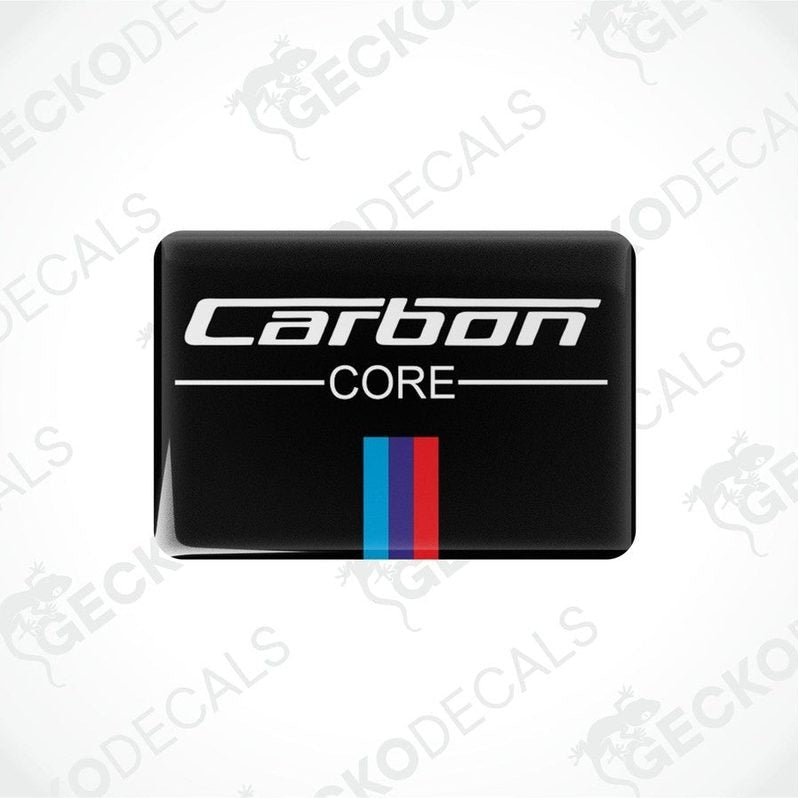  Black vinyl stickers with the text 'CARBON CORE' and a horizontal stripe design in blue and red.