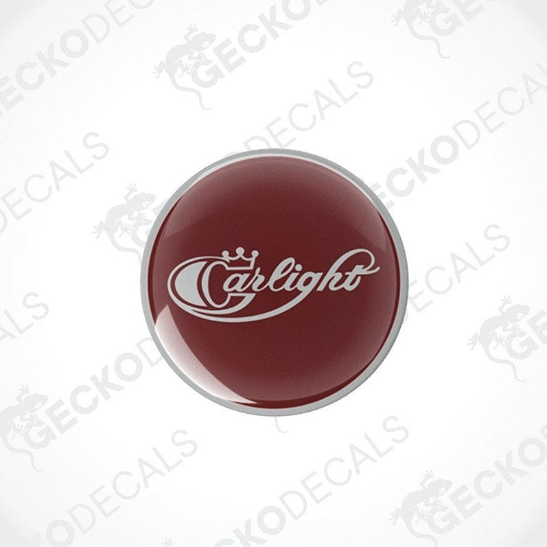 Two round brown decals with the word 'Carlight' and a logo consisting of a stylized 'C' on a white background, placed on a white background with the text 'Gecko Decals'.