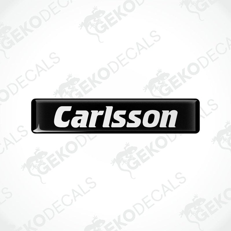 Black rectangular car decals with the text 'Carlsson' in white.