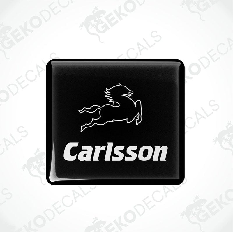 Black rectangular car decals with the text 'Carlsson' in white.