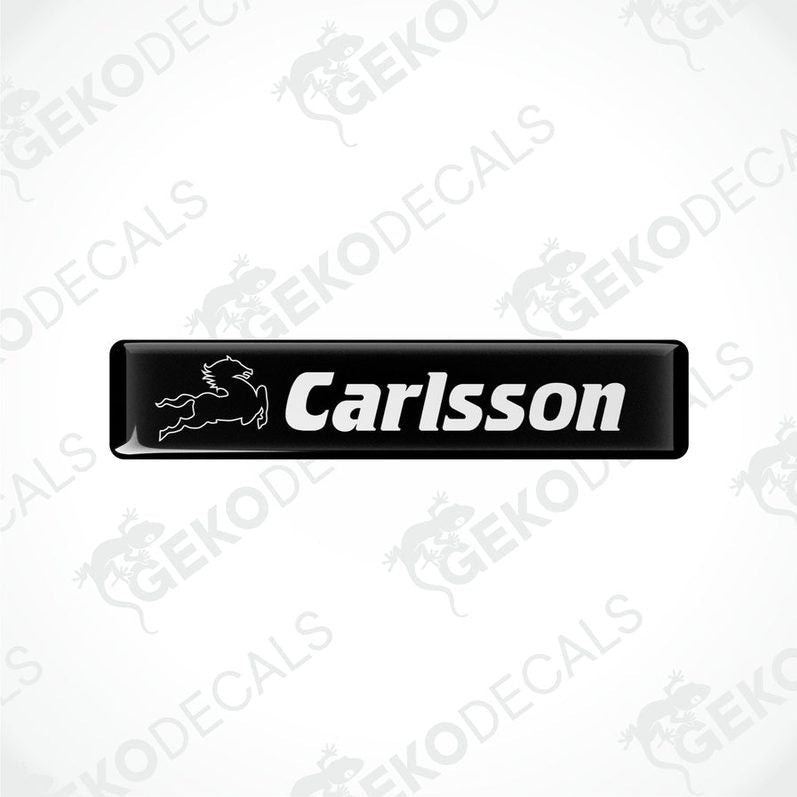  Black vinyl decals with the text 'Carlsson' and a logo on them.
