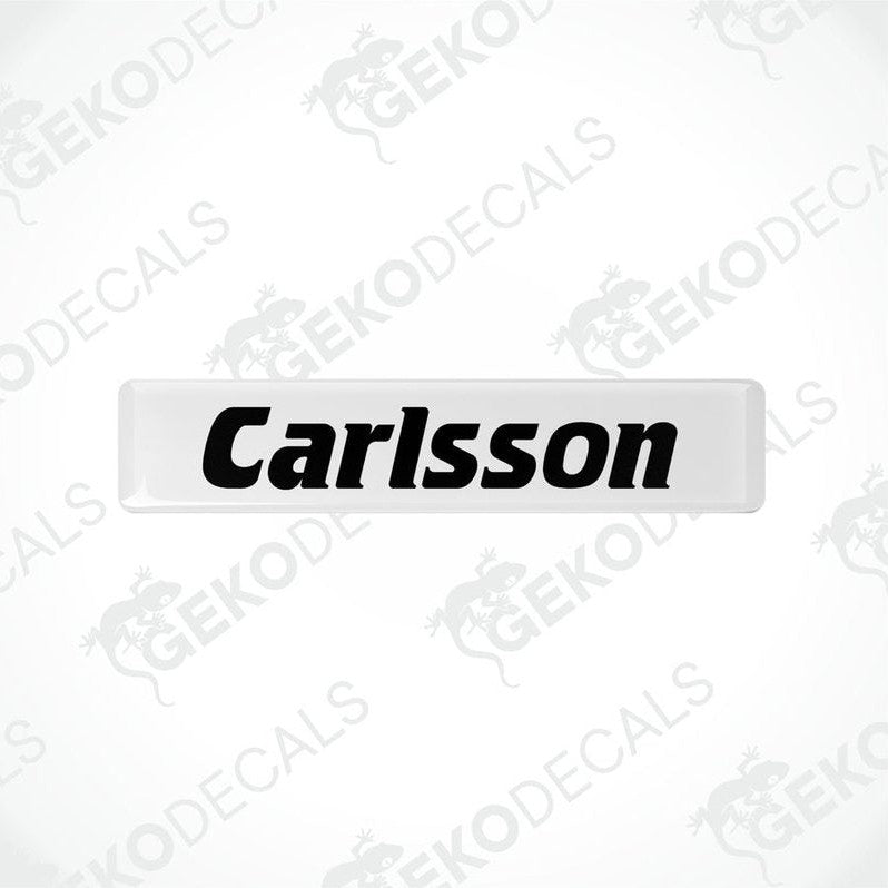 White rectangular car decals with the text 'Carlsson' in black.