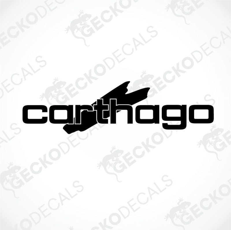 A black die cut sticker with the word 'CARTHAGO' in white letters, suitable for vehicle decoration.
