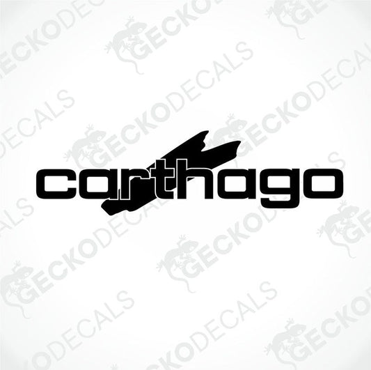 A black die cut sticker with the word 'CARTHAGO' in white letters, suitable for vehicle decoration.