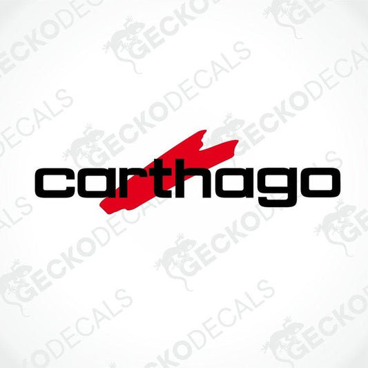 A die cut sticker with a red and black design representing the brand name CARTHAGO, delivered on a white background with the Gecko Decals logo.