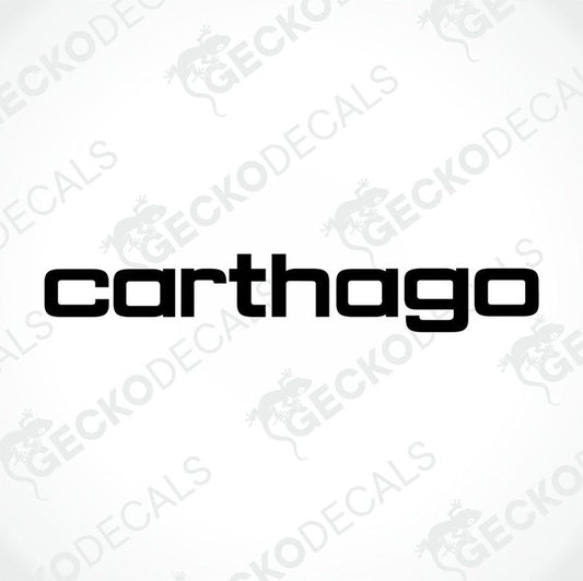 A black die cut sticker with the text 'carthago' on a white background.
