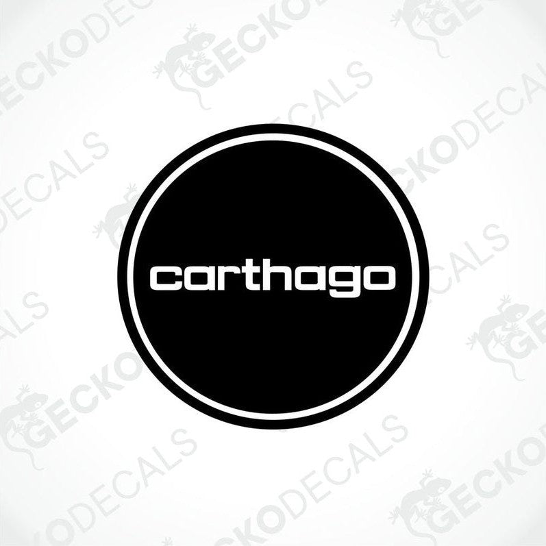 A black circular sticker with the word 'CARTHAGO' written in white.