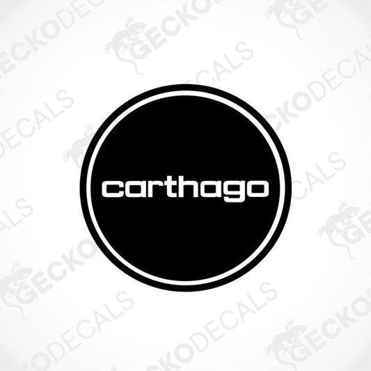 A black circular sticker with the word 'CARTHAGO' written in white.