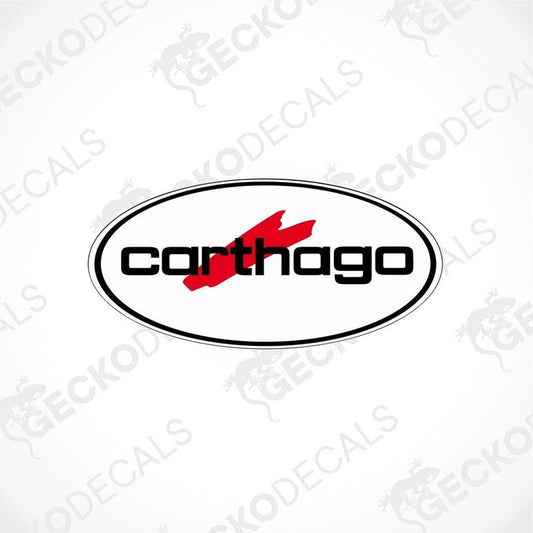 A black, red, and white die cut sticker with the brand name CARTHAGO printed on it.