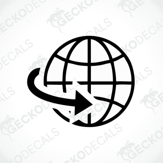 A black die cut sticker with a globe and an arrow symbol, likely intended for use on a caravan or vehicle.