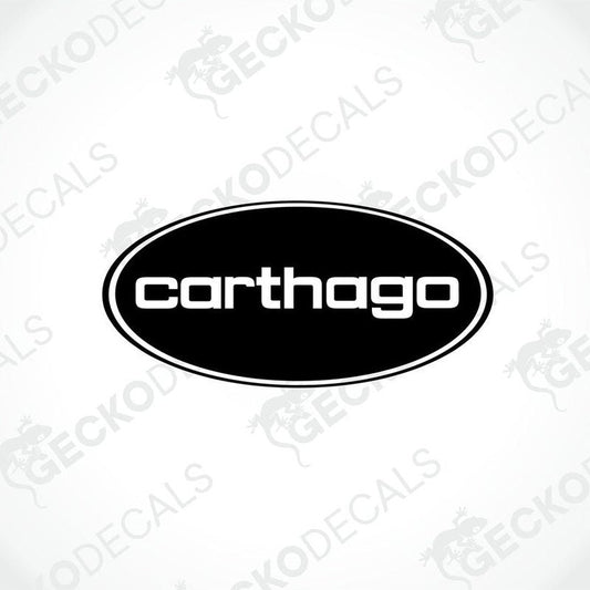 A black and white oval-shaped sticker with the 'carthago' brand name in capital letters.
