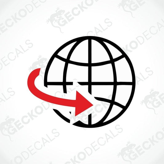 A black and red die cut sticker with a globe design and a red arrow.