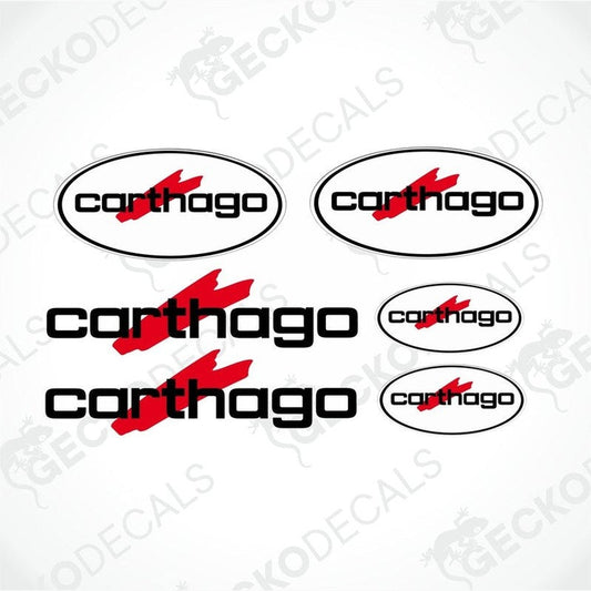 A set of three CARTHAGO branded decals. Two are oval-shaped with red and white design, and one is a text logo in red and black.