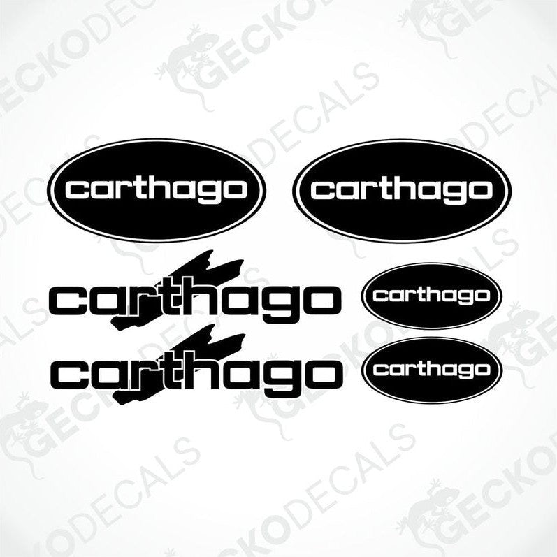 A set of four black die cut stickers with the word 'CARTHAGO' in white. Two oval logos and two text logos.