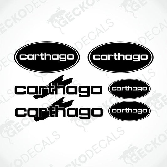 A set of four black die cut stickers with the word 'CARTHAGO' in white. Two oval logos and two text logos.